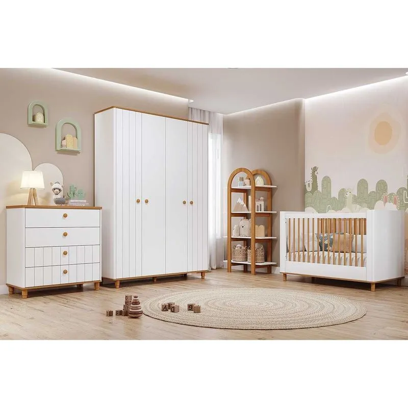 Quarto de Bebê Completo Cupcake 4 Peças (Guarda Roupa+Cômoda+Berço+Estante) QI103 Branco/Nature - Permóbili Baby