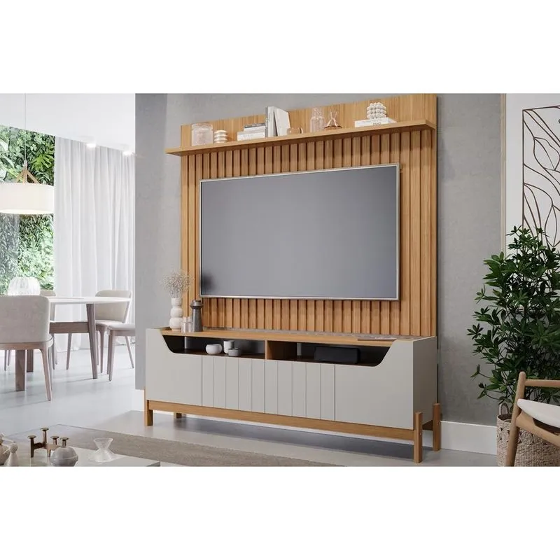 Home p/TV até 70 Pol Moema Ripado c/Pés 180x197cm Off White/Nature - Permóbili