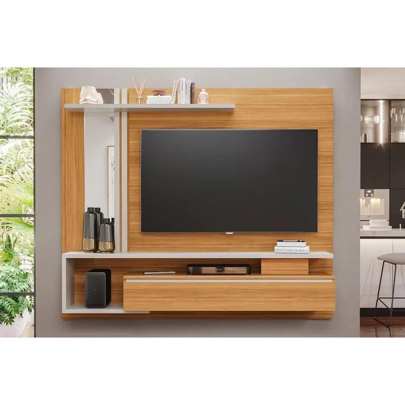 Painel Home p/TV até 60 Polegadas Treviso c/ Prateleira e Nicho 180x153cm Nature/Off White - Permóbili