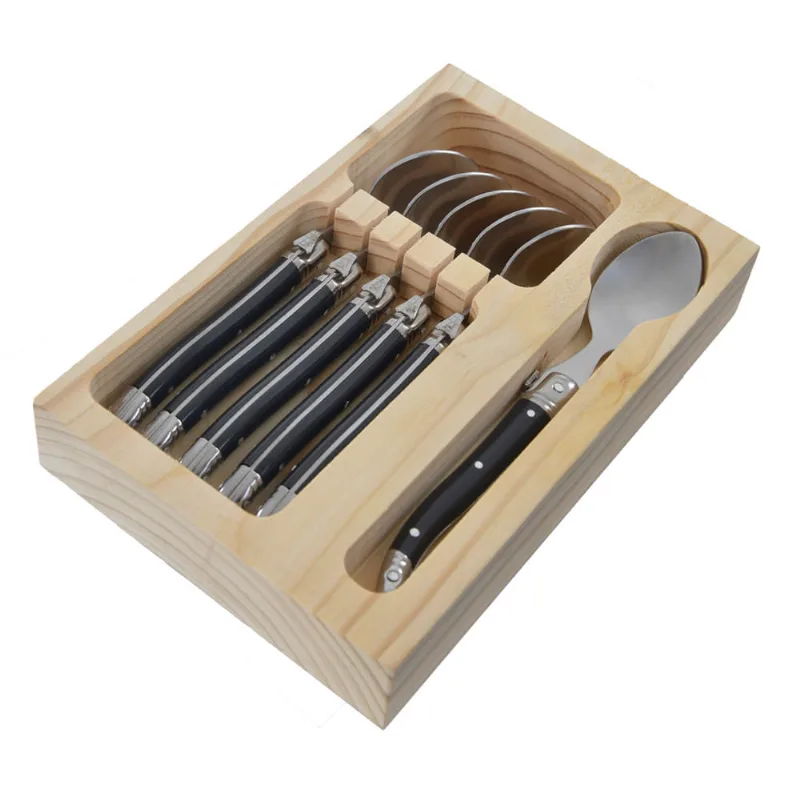Conjunto De 6 Colheres Sobremesa Laguiole La Tour Luxo Com Bandeja De Madeira- Preto