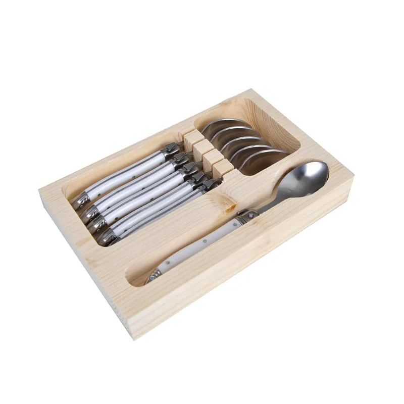 Conjunto De 6 Colheres Sobremesa Laguiole La Tour Luxo Com Bandeja De Madeira- Branco