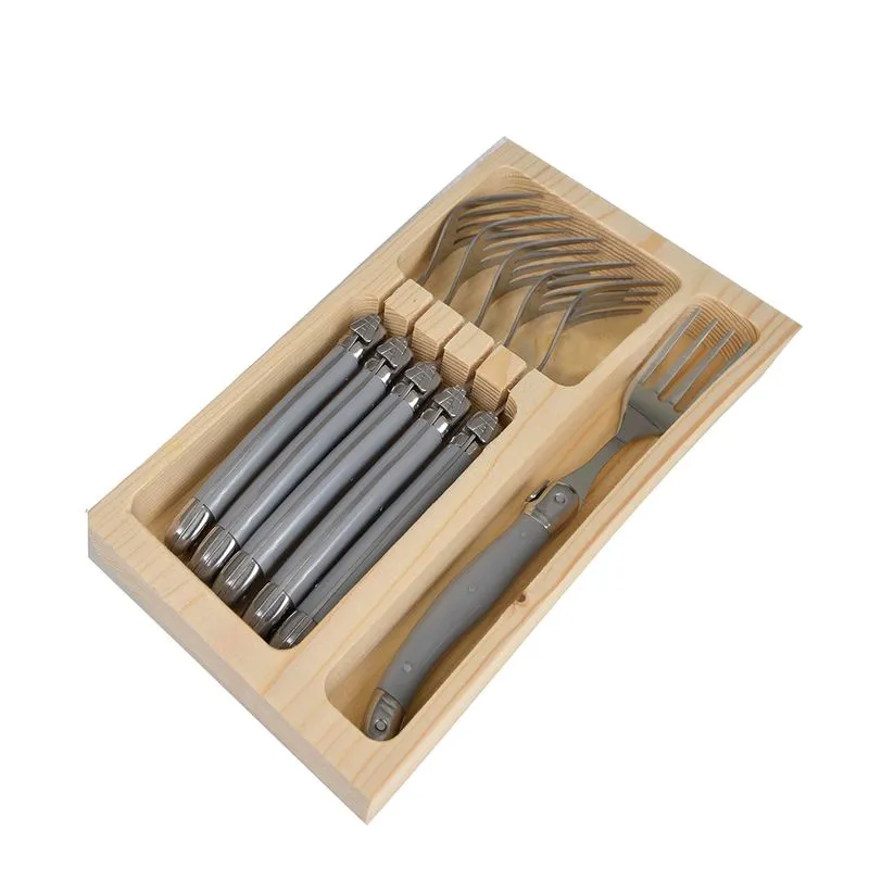 Conjunto De 6 Garfos Laguiole La Tour Luxo Com Elegante Bandeja De Madeira - Cinza