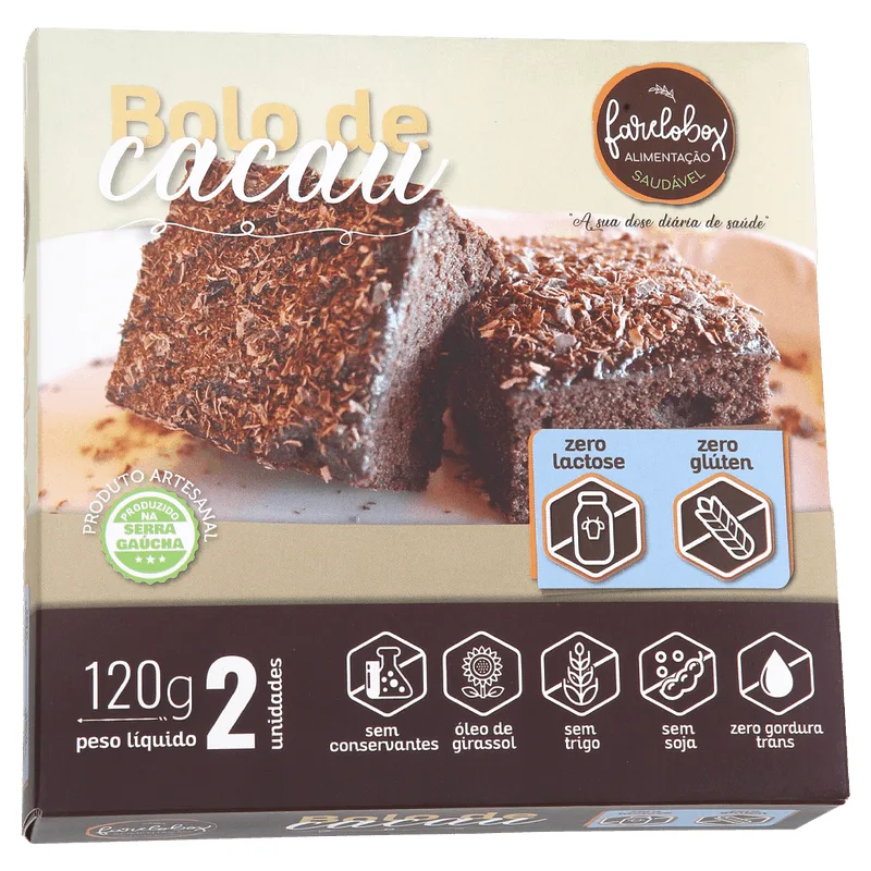 Bolo Farelobox Cacau Zero Lactose e Glúten 120g com 02un