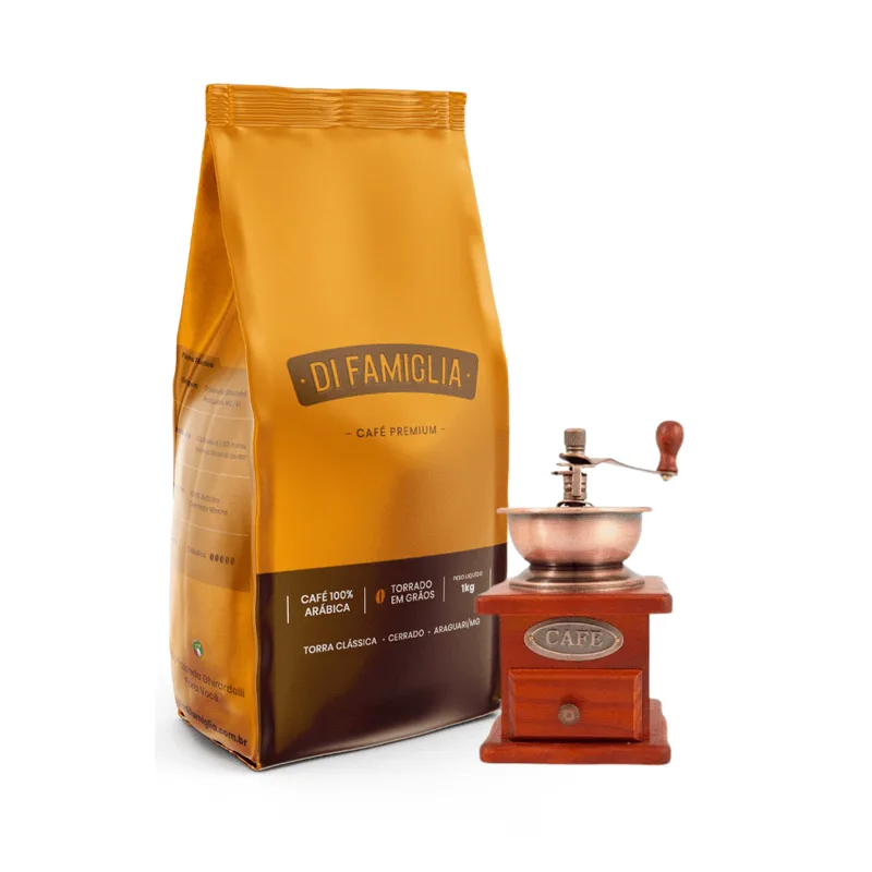 Moedor de Café Manual e 1kg de Café Di Famiglia em Grãos