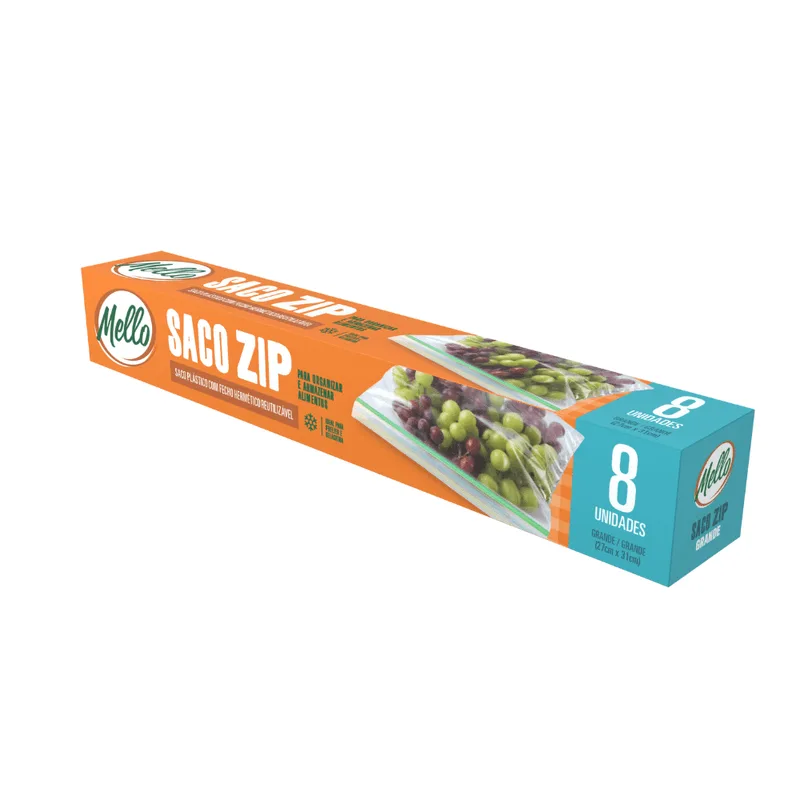 Saco Plástico Zip Com Fecho Hermético Reutilizável Prático E Durável Tamanho Grande Mello 8 Unidades - Ideal Para Organizar E Armazenar Alimentos