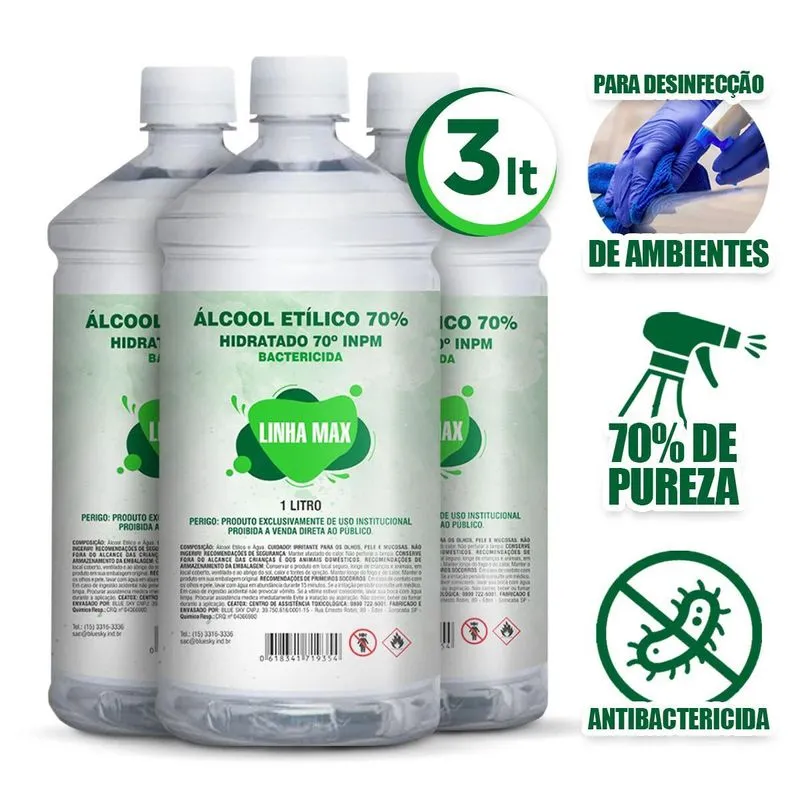 Kit 3 Un Álcool Etílico 70% Bactericida 1 Litro