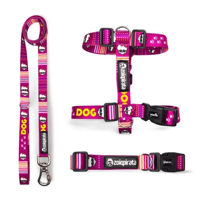 Kit Peitoral H Antipuxão Cachorros + Coleira + Guia Caveira
