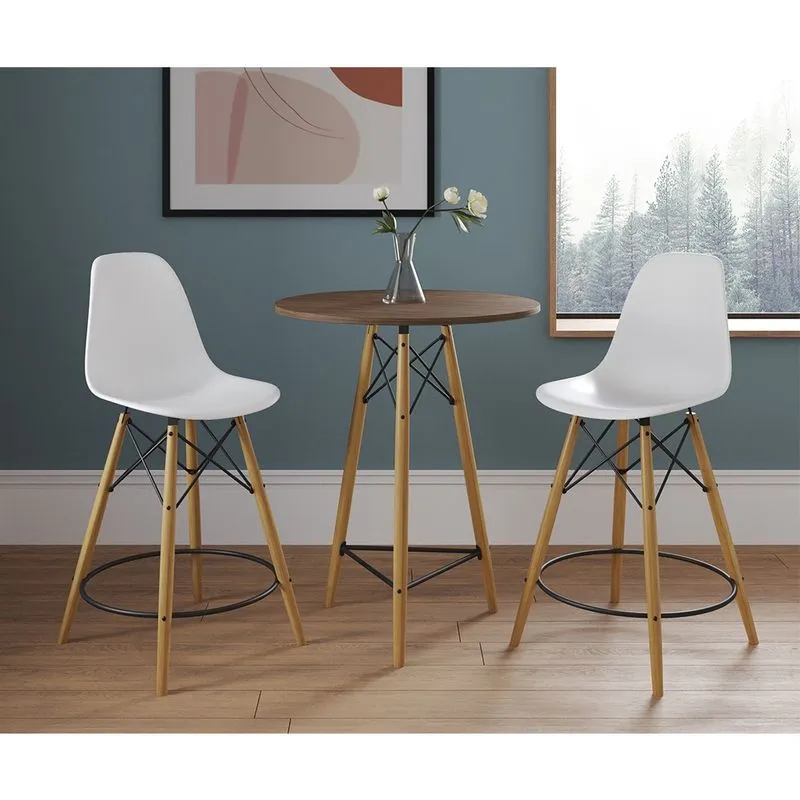 Mesa Bistrô Eames Eiffel Amêndoa com 2 Banquetas Brancas de Madeira