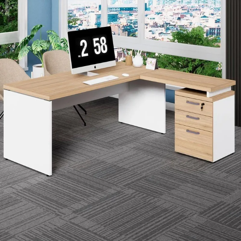 Mesa para Escritório em l com Gaveteiro F5 3 Gavetas 170CM Macadâmia com Branco F5 Office