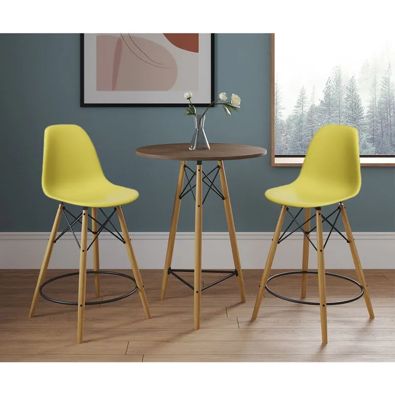 Mesa Bistro Eames Eiffel Amendoa Com 2 Banquetas Amarelas De Madeira