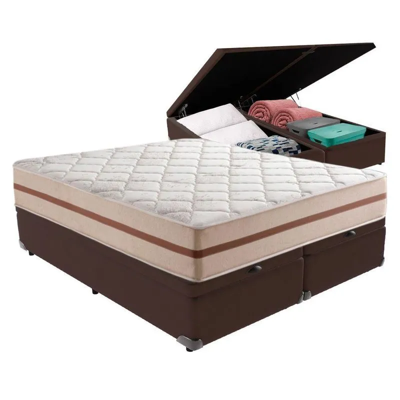 Cama Box Com Baú Marrom E Colchão Queen Classic Anjos