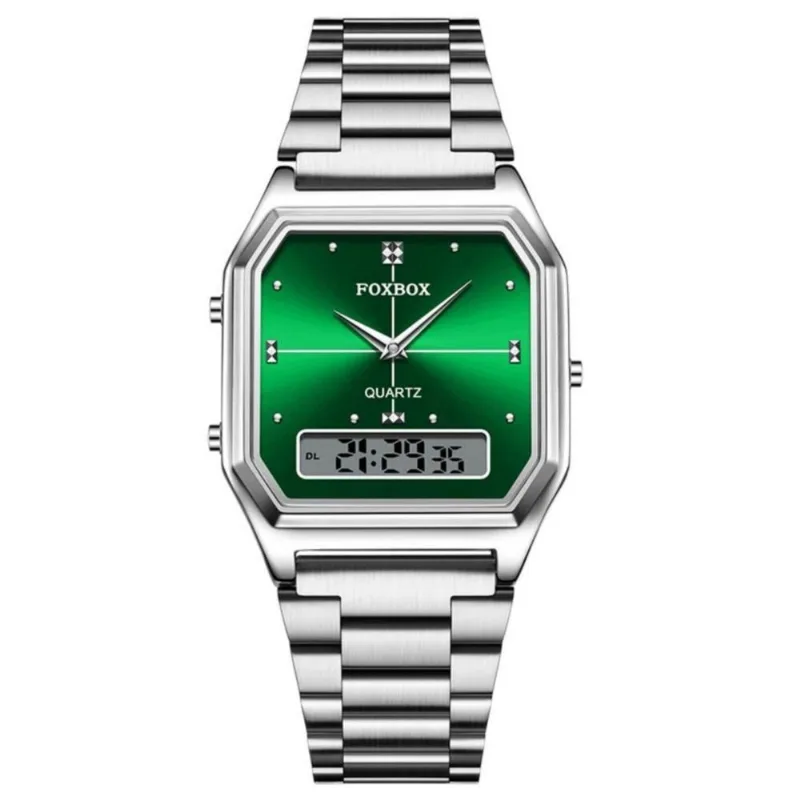 Relógio Feminino Casual Aço Inox Duplo Display LED Verde Prata Foxbox