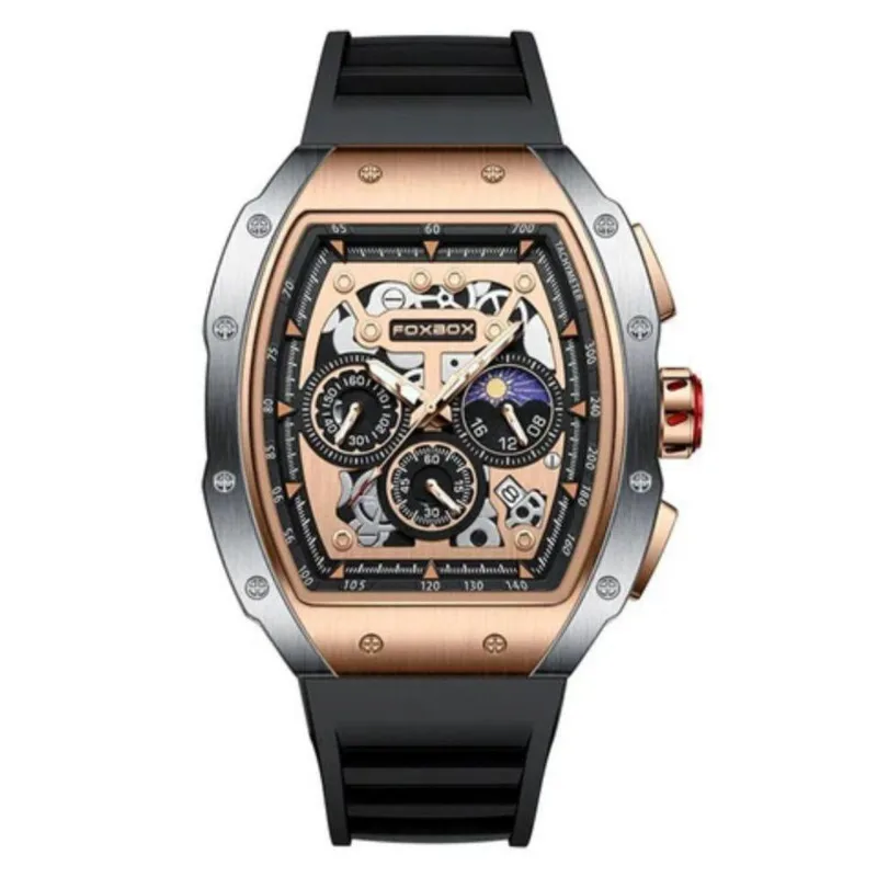 Relógio Esportivo Masculino Quartzo Militar Cronógrafo Dourado com Pulseira de Silicone Foxbox