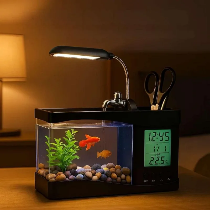 Aquário Com Relógio Digital E Luz Led Para Mesa De Escritório