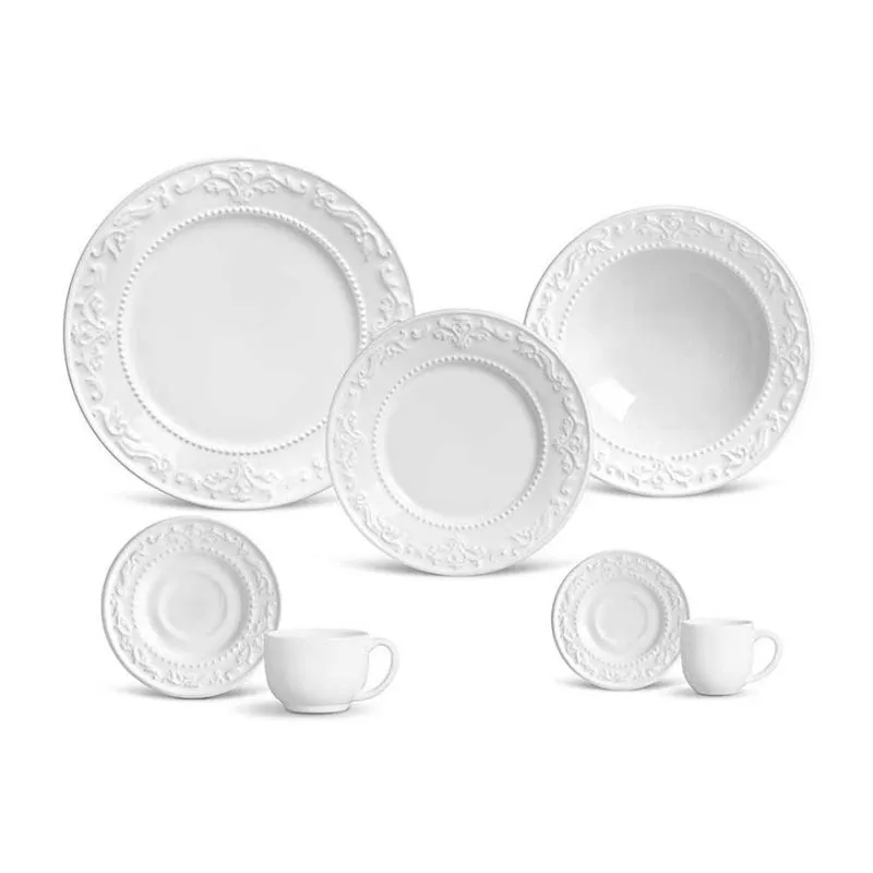 Aparelho de Jantar 42 Peças Porto Brasil Acanthus em Cerâmica Feldspática Esmalte Brilhante Branco