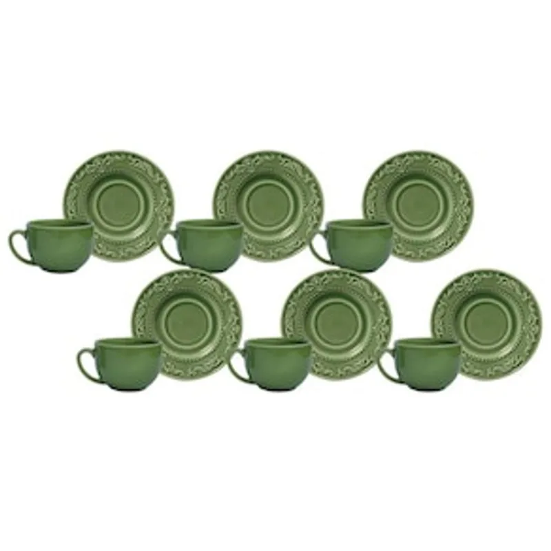 Conjunto de Xícaras para Chá Porto Brasil Acanthus com Pires em Faiança Feldspática 161ml - 6 Peças