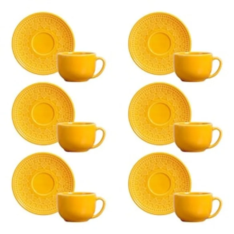 Conjunto de Xícaras para Chá Porto Brasil Agra Mostarda em Cerâmica Feldspática 198ml – 6 Peças