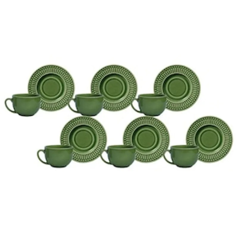 Conjunto de Xícaras para Chá Porto Brasil Roma com Pires em Faiança Feldspática Verde 161ml - 6 Peça