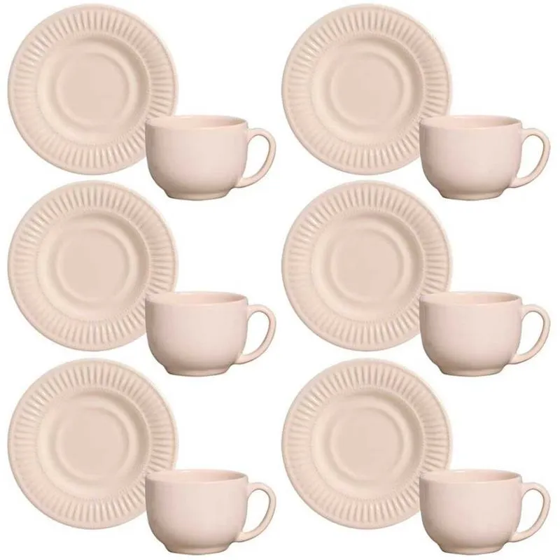 Conjunto com 6 Xícaras e Pires para Chá Porto Brasil La Tavola Daisy Cru em Cerâmica Feldspática - 161 ml Off White