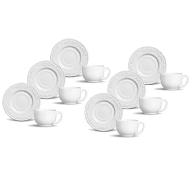 Conjunto de Xícaras para Chá Porto Brasil Acanthus em Faiança Feldspática Branco 160 ml - 6 Peças