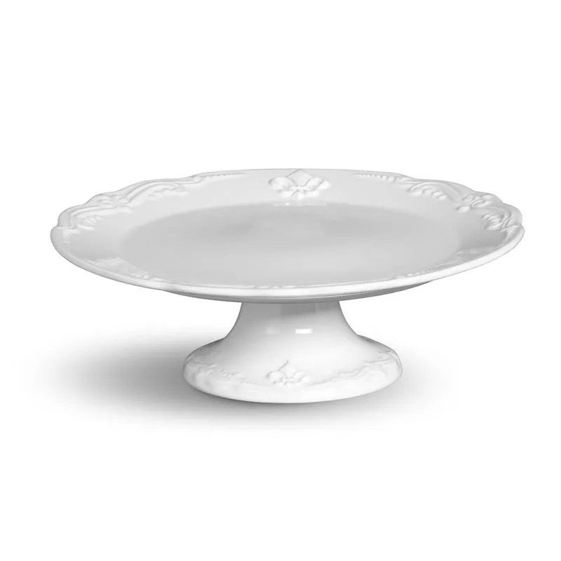 Prato de Doce com Pé Flor de Lis Etagiere Cerâmica Grande Branco Porto Brasil
