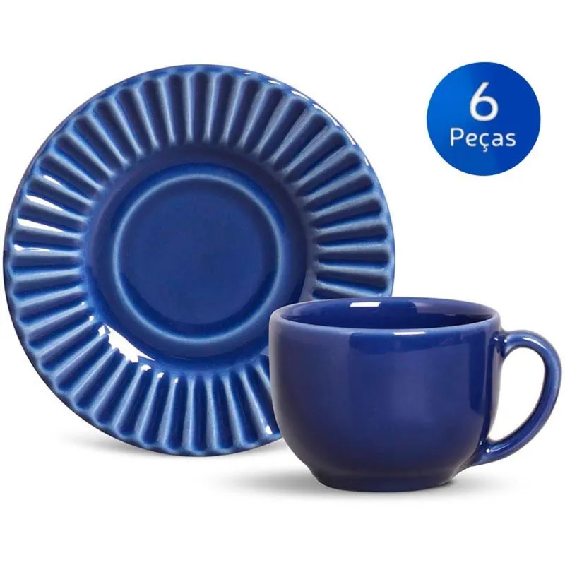 Conjunto 6 Xícaras de Chá com Pires Plissé - Porto Brasil - Azul escuro