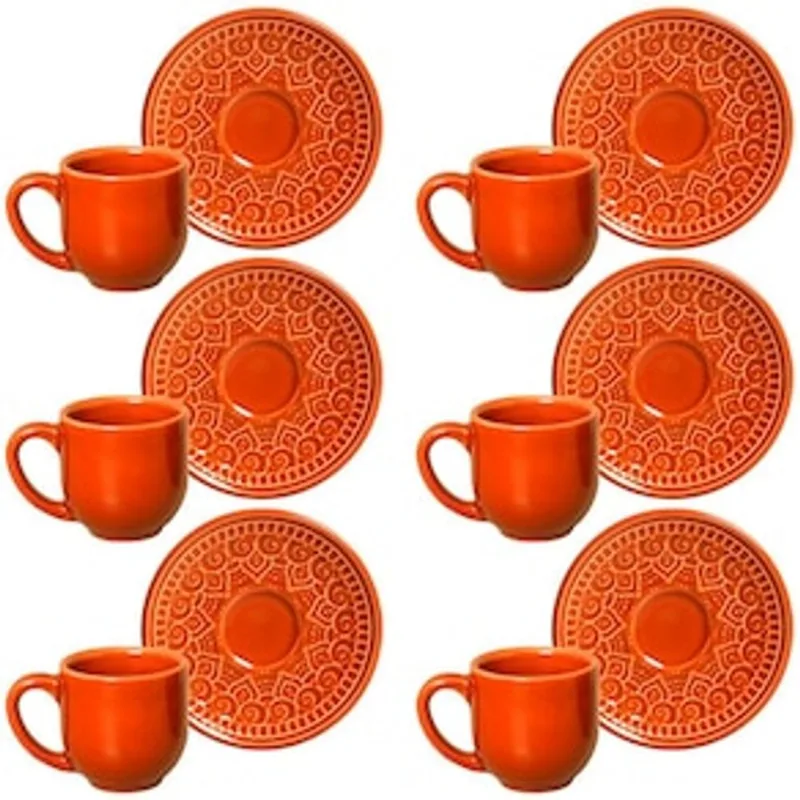 Conjunto com 6 Xícaras e Pires para Café Porto Brasil Agra Cantaloupe em Cerâmica Feldspática Laranj
