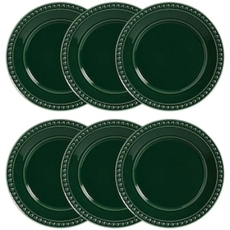 Conjunto com 6 Pratos Rasos Porto Brasil Atenas Botânico em Cerâmica Feldspática 26 cm - Verde Prato Porto Brasil Verde