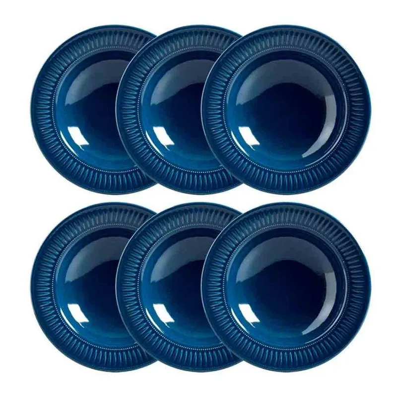 Conjunto com 6 Pratos Fundos Porto Brasil Daisy em Cerâmica Feldspática 22cm Azul