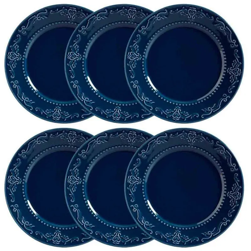 Conjunto com 6 Pratos Rasos Porto Brasil Acanthus em Cerâmica Feldspática 26cm Azul