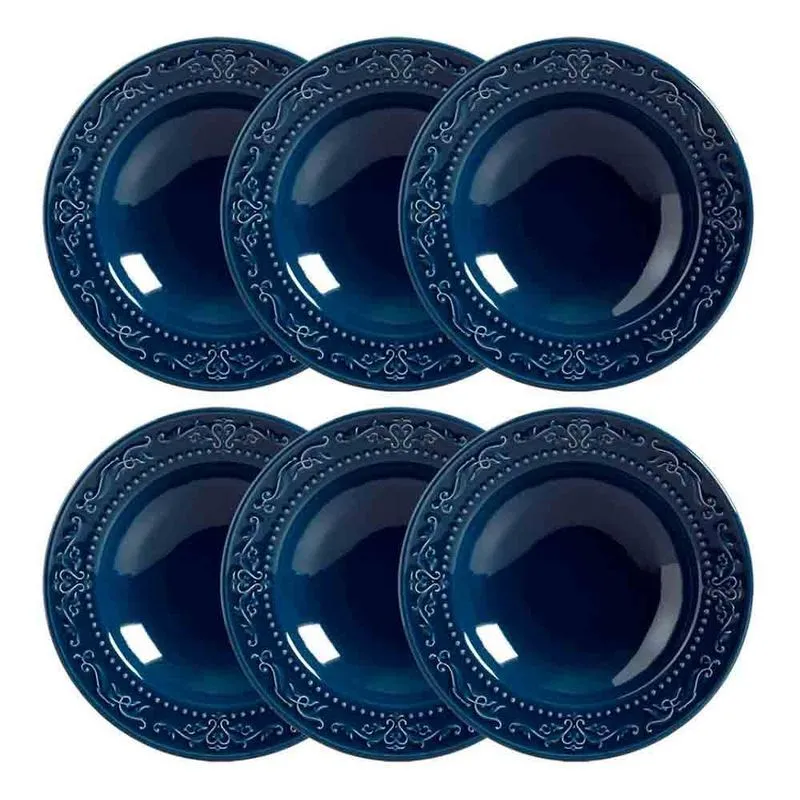 Conjunto com 6 Pratos Fundos Porto Brasil Acanthus em Cerâmica Feldspática 22cm Azul