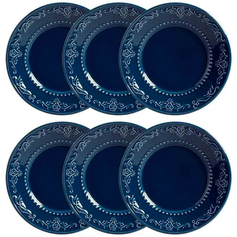 Conjunto com 6 Pratos de Sobremesa Porto Brasil Acanthus em Cerâmica Feldspática 20,5cm Azul