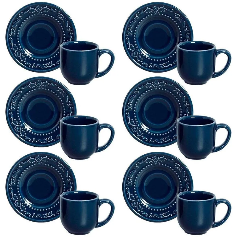 Conjunto com 6 Xícaras e Pires para Café Porto Brasil Acanthus em Cerâmica Feldspática 72ml Azul