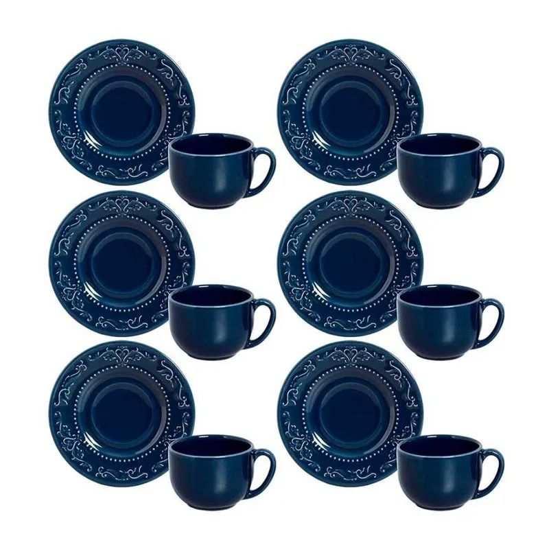 Conjunto com 6 Xícaras e Pires para Chá Porto Brasil Acanthus Deep Blue em Cerâmica Feldspática 161 ml Azul
