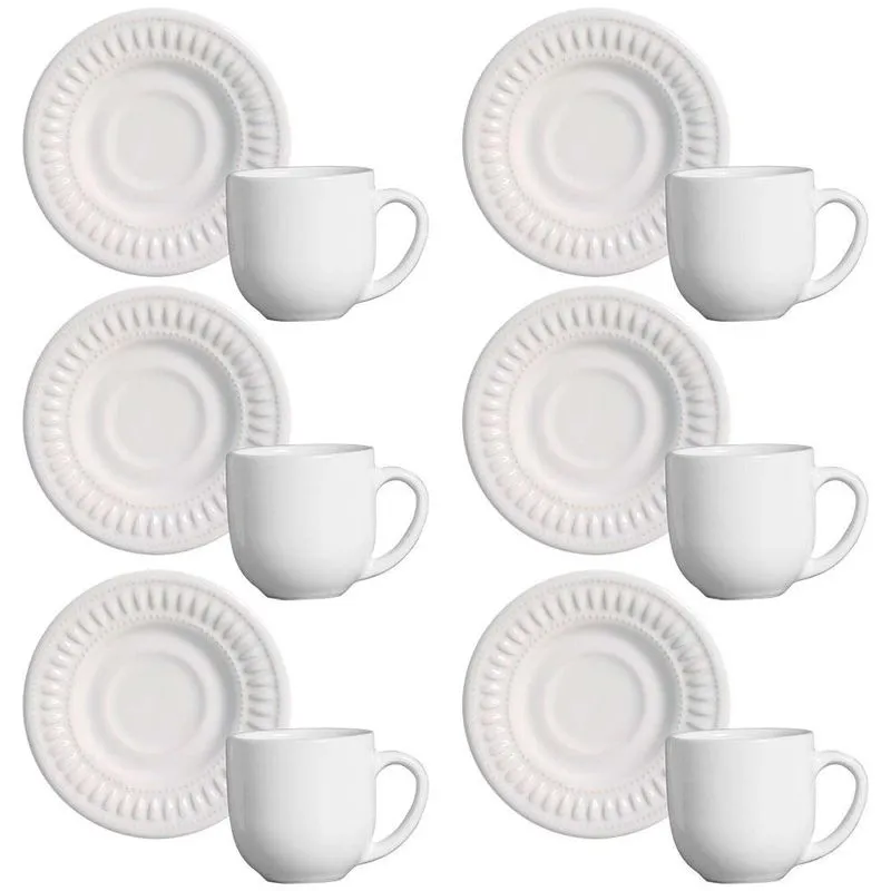 Conjunto com 6 Xícaras e Pires para Café Porto Brasil Daisy em Cerâmica Feldspática 72ml Branco