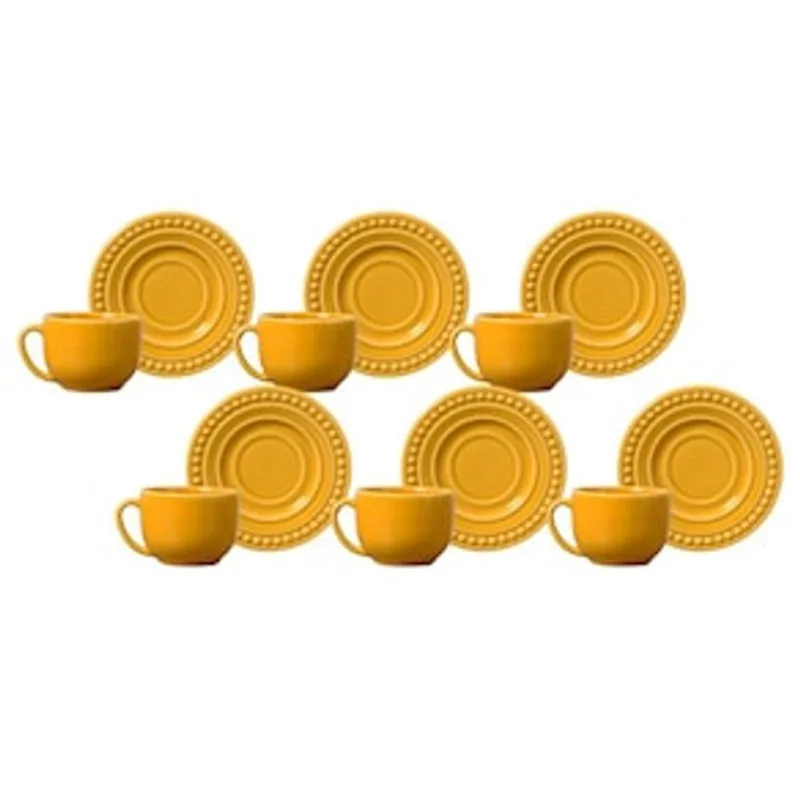 Conjunto de Xícaras para Chá Porto Brasil Atenas com Pires em Faiança Feldspática 161ml - 6 Peças