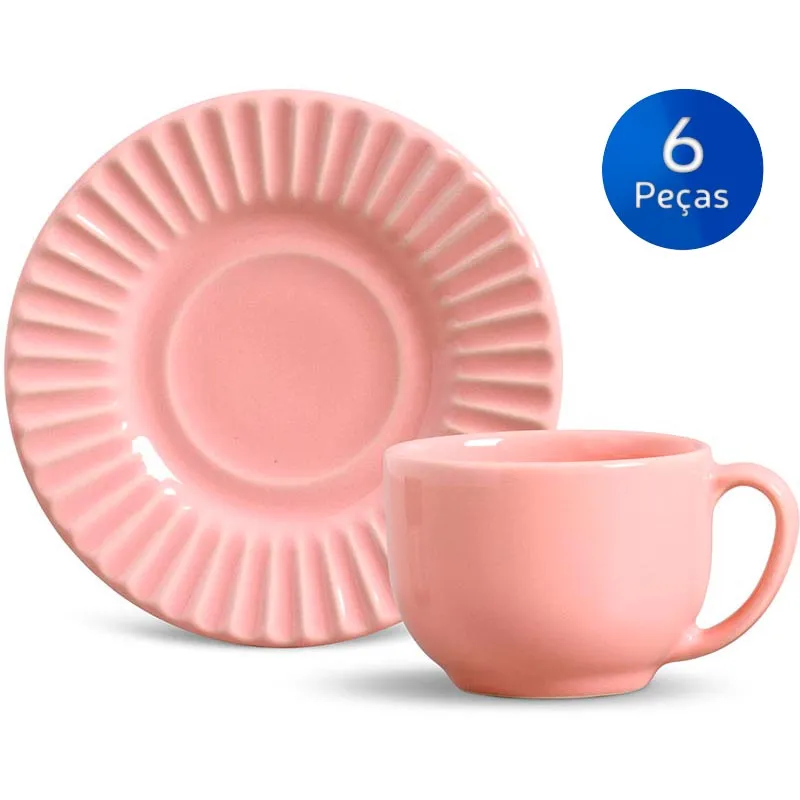 Conjunto 6 Xícaras de Chá com Pires Plissé - Porto Brasil - Rosa