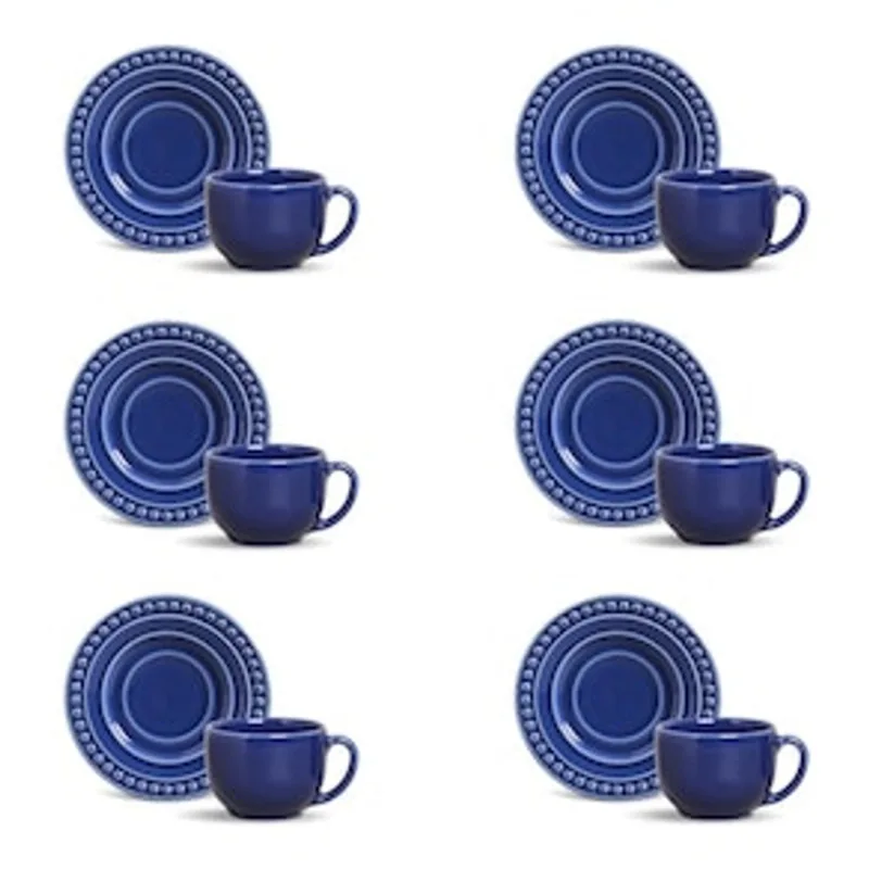 Conjunto de Xícaras de Chá Porto Brasil Atenas Azul Navy em Faiança Feldspática 161 ml - 6 Peças