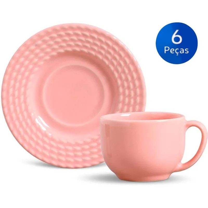 Conjunto 6 Xícaras de Chá com Pires Olímpia - Porto Brasil - Rosa