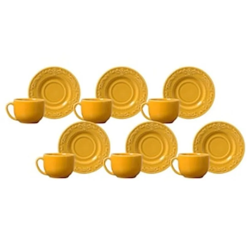 Conjunto de Xícaras para Chá Porto Brasil Acanthus com Pires em Faiança Feldspática 161ml - 6 Peças