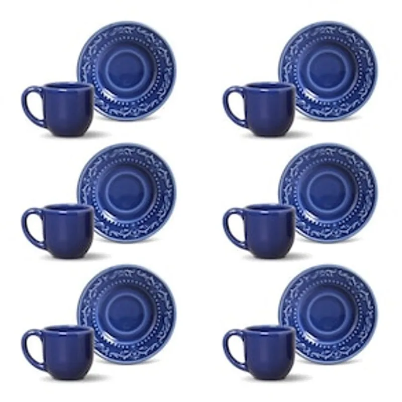 Conjunto de Xícaras de Café Porto Brasil Acanthus Azul Navy em Faiança Feldspática 72 ml - 6 Peças