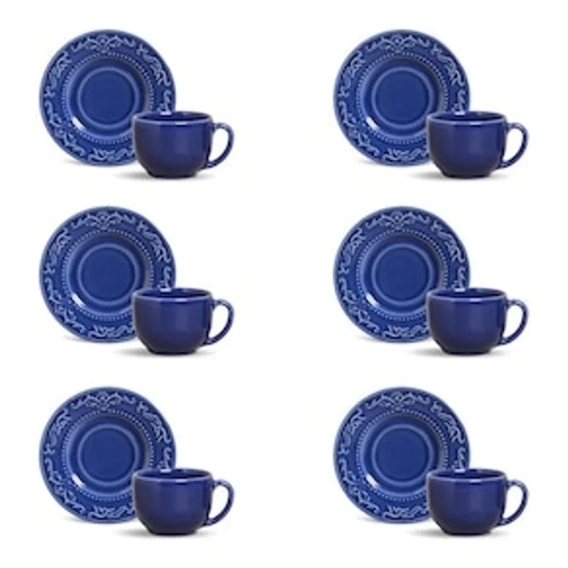 Conjunto de Xícaras de Chá Porto Brasil Acanthus Azul Navy em Faiança Feldspática 161 ml - 6 Peças