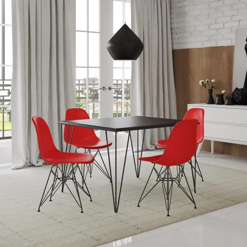 Conjunto De Mesa Eames Clips De Ferro Preto Tampo Preto 120x75 4 Cadeiras Ferro Preta Assento Vermelho