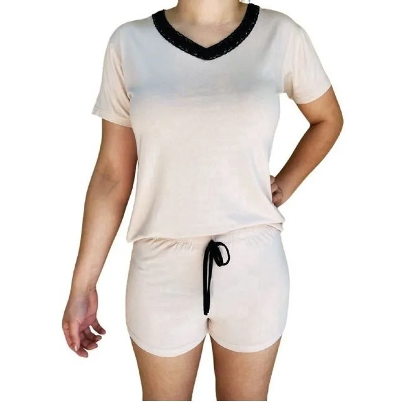 Short Doll Manga Curta Basic+ Viscolycra Feminino Bege com Preto