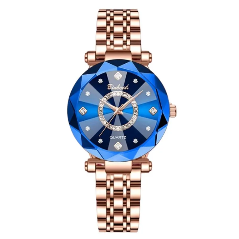 Relógio Fino Feminino Binbond Aço Rosé Cristal Azul 3 Bar
