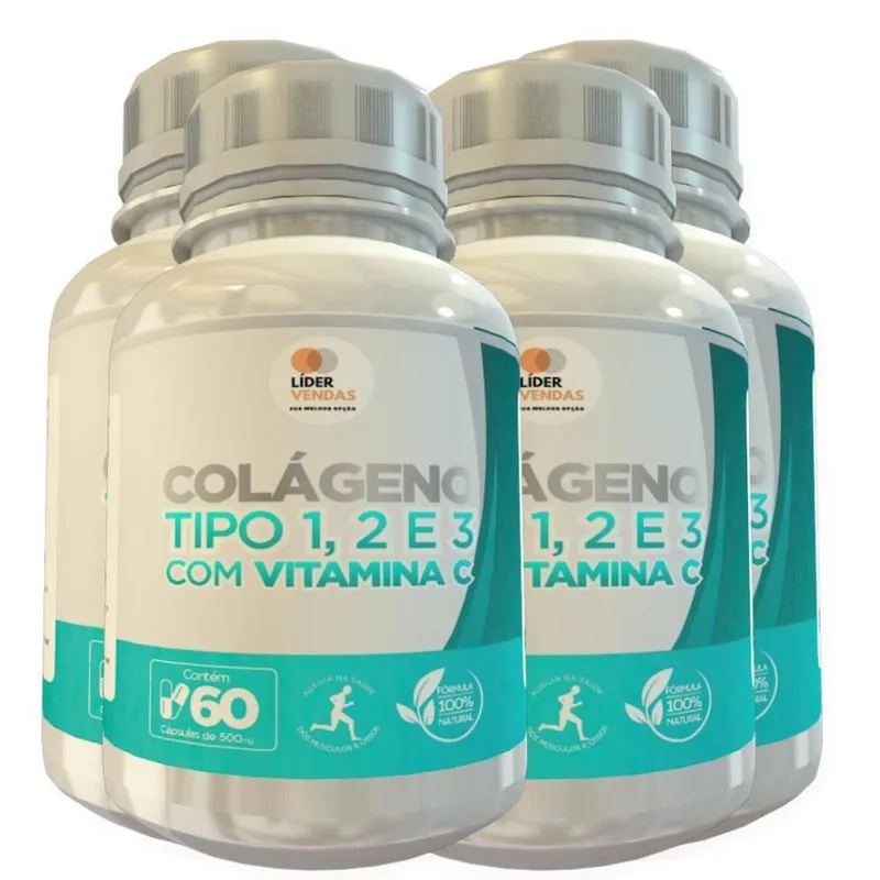 Colágeno Tipo 1, 2 E 3 Com Vitamina C 500Mg 60 Cáps 4 Potes
