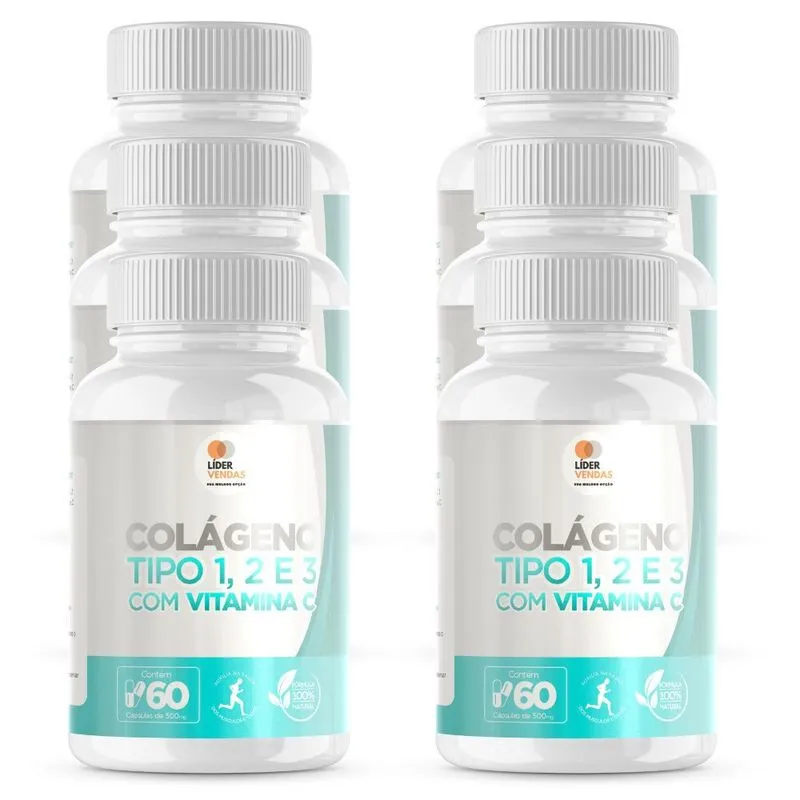 Colágeno Tipo 1, 2 E 3 Com Vitamina C 500Mg 60 Cáps 6 Potes