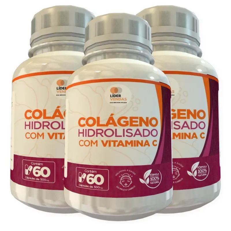 Colágeno Hidrolisado Com Vitamina C 500mg 60 Cáps 3 Potes