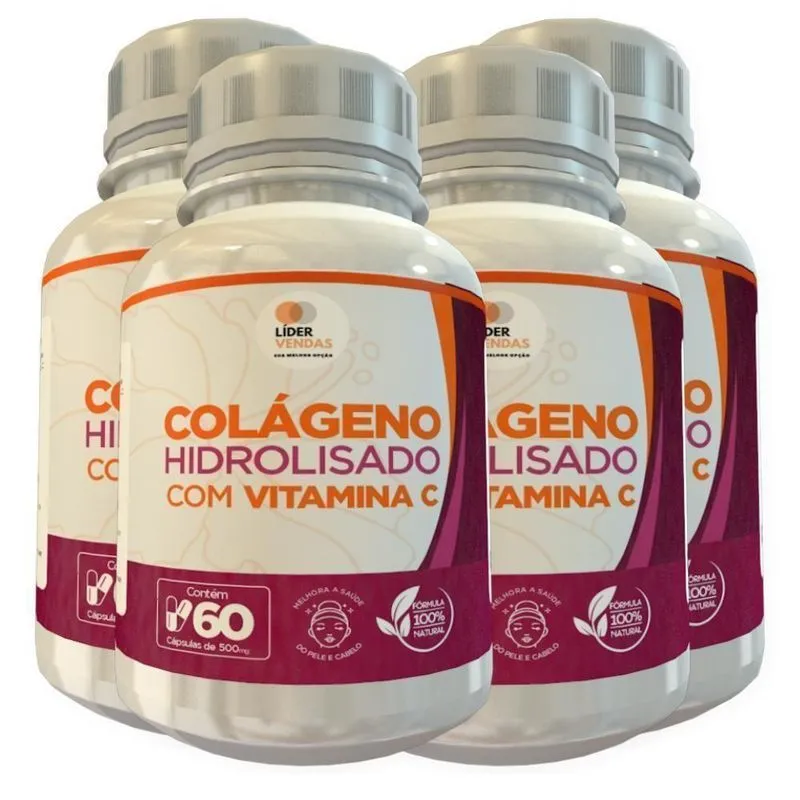 Colágeno Hidrolisado Com Vitamina C 500mg 60 Cáps 4 Potes