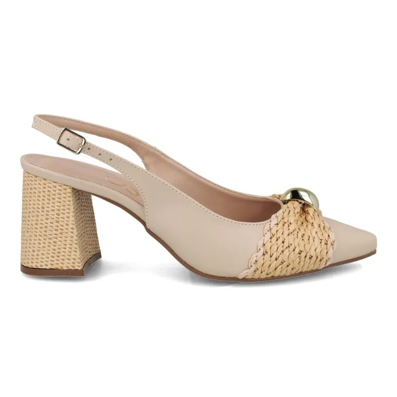 Sapato Scarpin Slingback OSC Couro Salto Bloco Bege Feminino 36